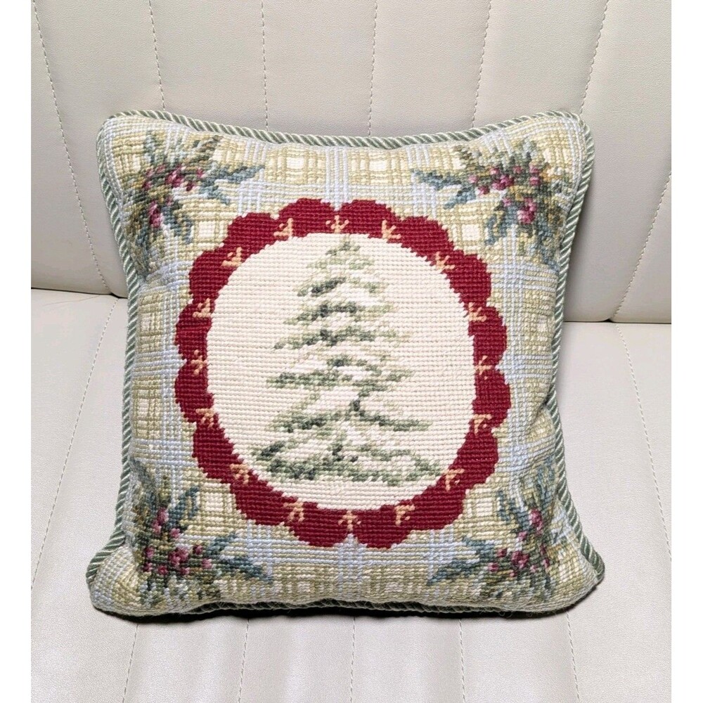 Vintage Christmas Pillow Wool Blend Needlepoint Tree Holly Zipper Cover 10"